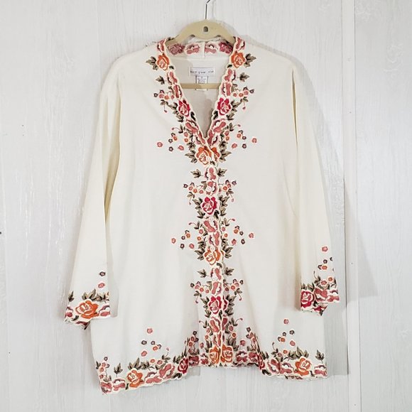 Susan Graver Linen Blend Embroidered Jacket 3X Cream - Picture 1 of 6